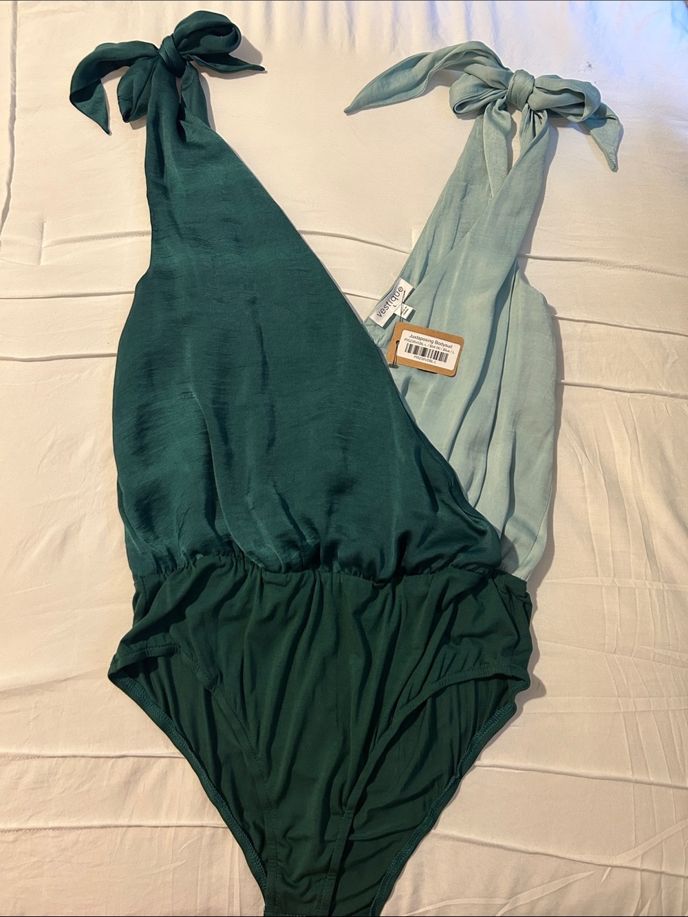 vestique Two-Tone Tie-Shoulder Bodysuit in Dark Teal and Light Sage